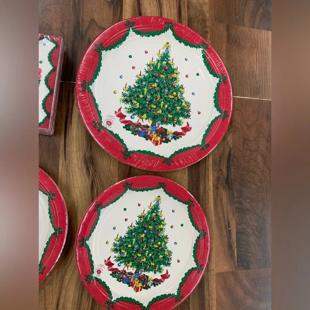 Vintage Lot Christmas Tree Paper Party Plates Tablecloth Napkins Holiday Set